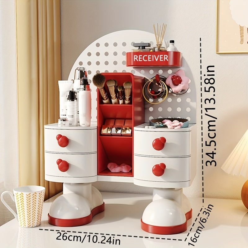 1pc Modern Jewelry & Cosmetic Organizer with Drawer - Multi-Functional Storage Box with Open Shelves, Makeup Vanity Organizer, Desk Organizer for Home, Office, Salon - Light Beige Beauty Station Decoration, Contemporary Design, Sturdy Construction, Home