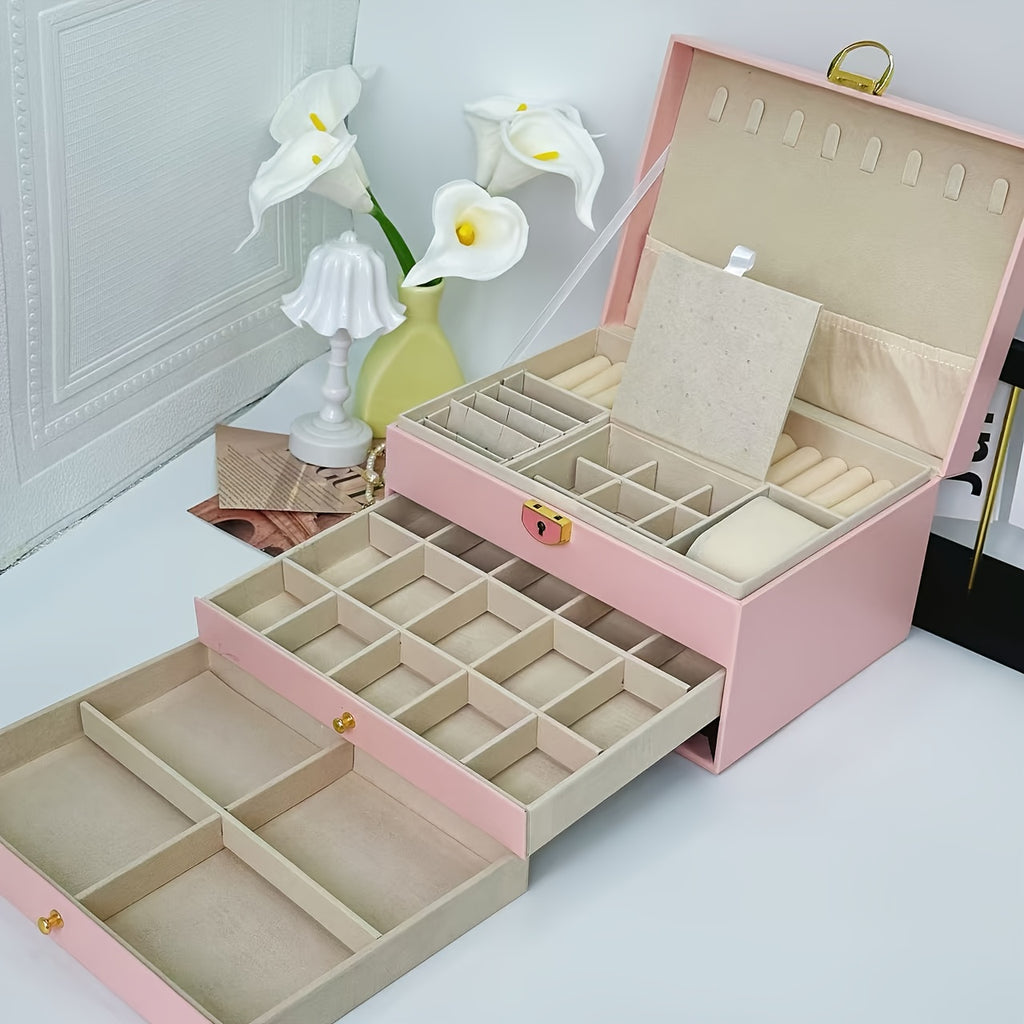 3-Tier Jewelry Organizer Box with Soft Fabric Lining – Pink Synthetic Synthetic Faux Leather Storage for Necklaces, Earrings, Rings, and Bracelets – Multi-Compartment Design for Easy Organization, Jewelry Box, Jewelry Boxes