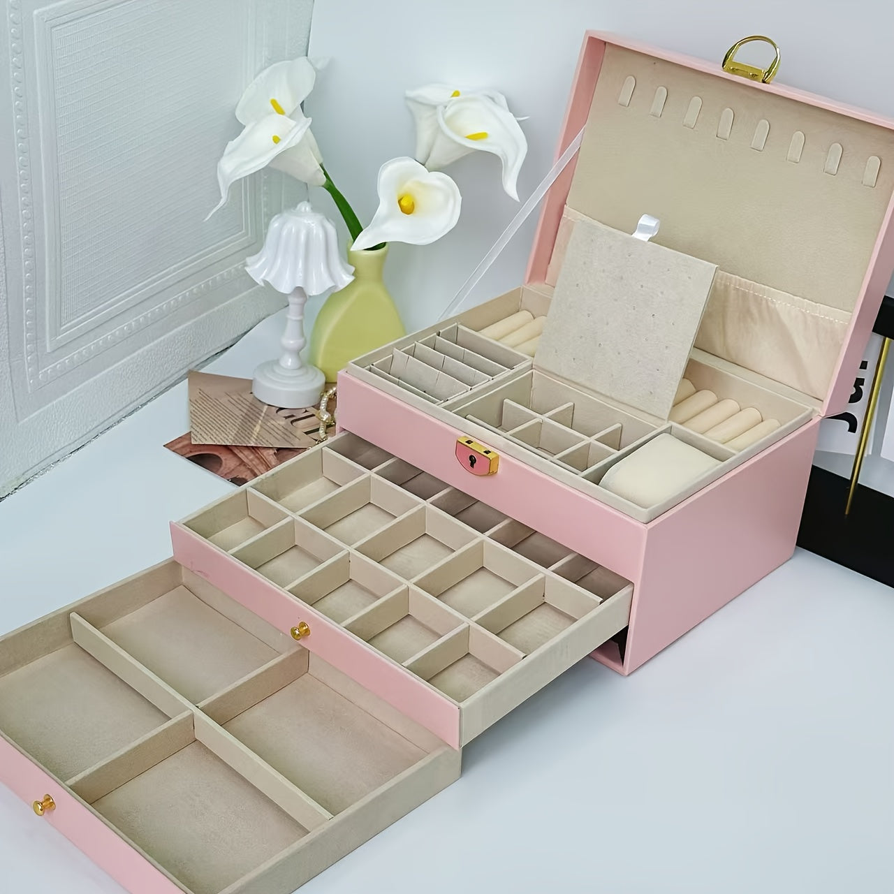 3-Tier Jewelry Organizer Box with Soft Fabric Lining – Pink Synthetic Synthetic Faux Leather Storage for Necklaces, Earrings, Rings, and Bracelets – Multi-Compartment Design for Easy Organization, Jewelry Box, Jewelry Boxes