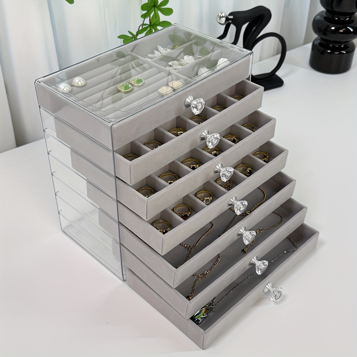7-Layer Transparent Plastic Jewelry Organizer Box with Fabric-Lined Compartments, Secure Latch Closure & Contemporary Octagonal Design - Multi-Use Desktop Storage for Earrings, Rings, Necklaces, Jewelry Organizer Storage, Durable Polished Finish, Jewelry