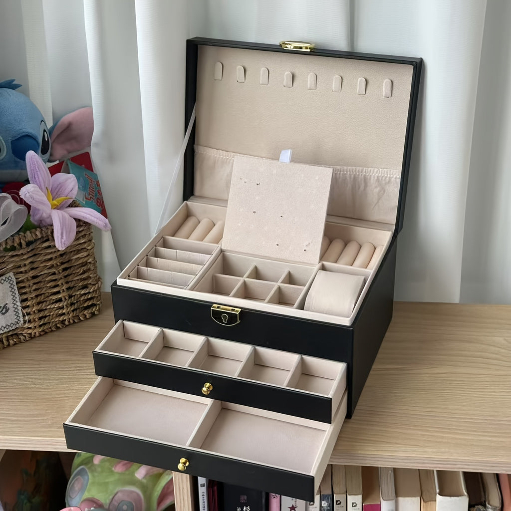 3-Tier Jewelry Organizer Box with Soft Fabric Lining – Pink Synthetic Synthetic Faux Leather Storage for Necklaces, Earrings, Rings, and Bracelets – Multi-Compartment Design for Easy Organization, Jewelry Box, Jewelry Boxes