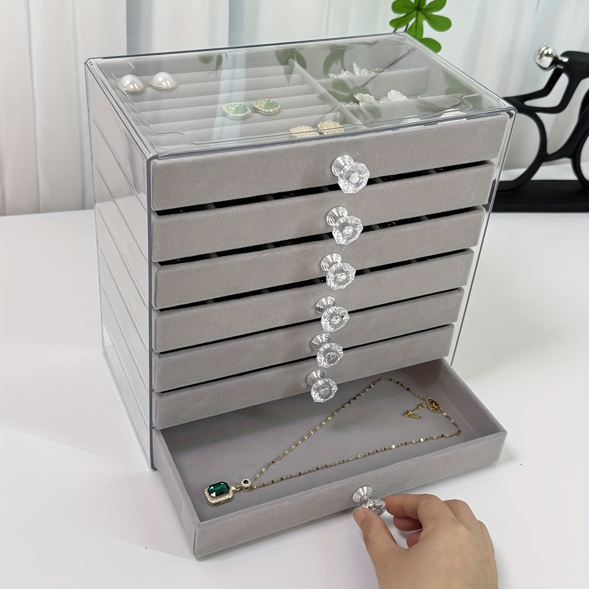 7-Layer Transparent Plastic Jewelry Organizer Box with Fabric-Lined Compartments, Secure Latch Closure & Contemporary Octagonal Design - Multi-Use Desktop Storage for Earrings, Rings, Necklaces, Jewelry Organizer Storage, Durable Polished Finish, Jewelry