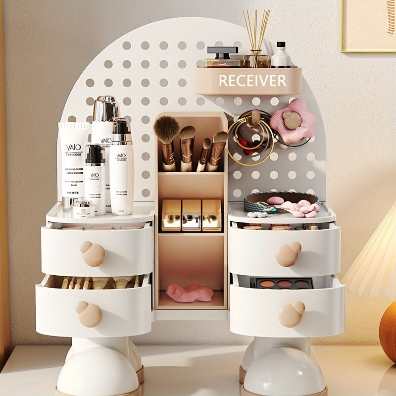1pc Modern Jewelry & Cosmetic Organizer with Drawer - Multi-Functional Storage Box with Open Shelves, Makeup Vanity Organizer, Desk Organizer for Home, Office, Salon - Light Beige Beauty Station Decoration, Contemporary Design, Sturdy Construction, Home