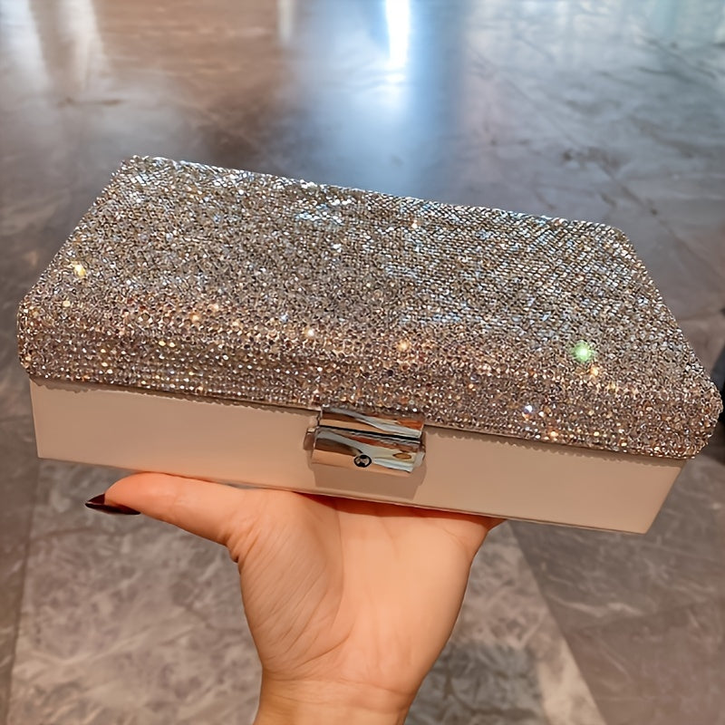 1pc Luxury Jewelry Box with Lock - Large Capacity Jewelry Organizer Case, Elegant White Exterior & Sparkling Rhinestone Interior, Secure Locking Lid for Necklace, Ring, Earrings, Bracelet Storage - Perfect Gift for Women, Birthday, Anniversary,