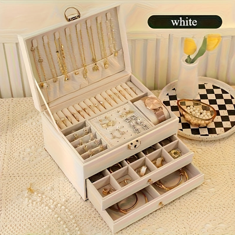 Luxury Jewelry Box Organizer - Elegant Green, 3-Tier Storage Case with Key Lock Closure, Soft Fabric-Lined Compartments for Necklaces, Earrings, Bracelets, Rings - Perfect Gift for Women, Home or Salon Use - Durable Construction, Jewelry Organizer
