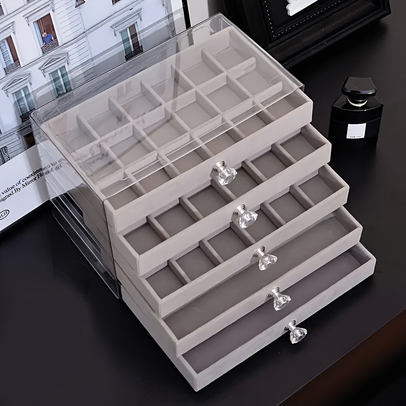 5-Tier Jewelry Organizer Box with Transparent Lid - Elegant Jewelry Storage Case, Soft Velvet-Lined Compartments, for Earrings, Necklaces, Bracelets, Rings - Vanity, Dressing Table, or Gift Box - Modern Minimalist Design, Jewelry Box, Vanity Accessory,