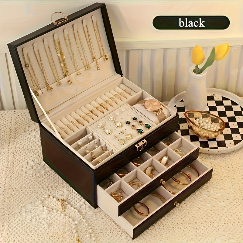 Luxury Jewelry Box Organizer - Elegant Green, 3-Tier Storage Case with Key Lock Closure, Soft Fabric-Lined Compartments for Necklaces, Earrings, Bracelets, Rings - Perfect Gift for Women, Home or Salon Use - Durable Construction, Jewelry Organizer