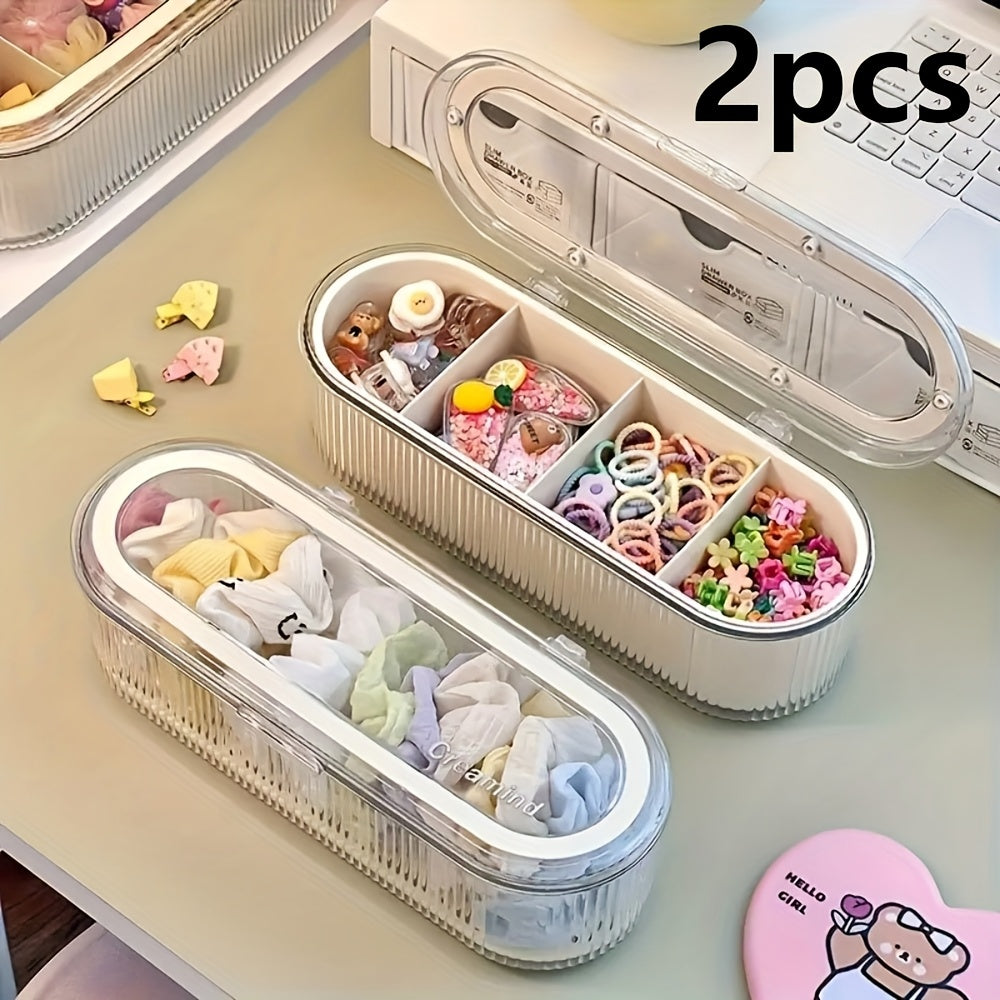 2pcs Glam Style Plastic Storage Boxes with Flip Top Lid, Oval Shape, Multipurpose Organizer for Headbands, Clips, Hair Ties, Jewelry - Space-Saving, Dustproof Solution, Non-Waterproof, Visible Content Design, Accessory Storage | Modern Aesthetic Box |