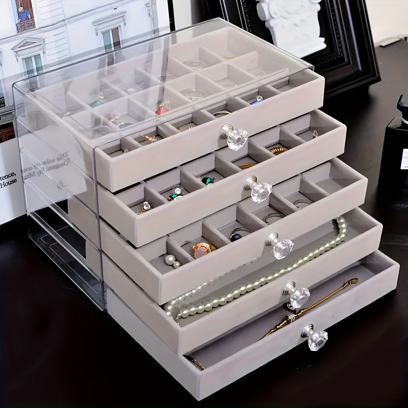 5-Tier Jewelry Organizer Box with Transparent Lid - Elegant Jewelry Storage Case, Soft Velvet-Lined Compartments, for Earrings, Necklaces, Bracelets, Rings - Vanity, Dressing Table, or Gift Box - Modern Minimalist Design, Jewelry Box, Vanity Accessory,