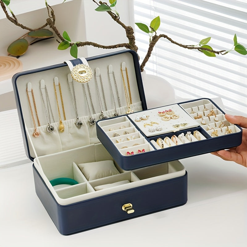 Customizable Text Double-Layer PU Leather Jewelry Box - Large Capacity Earring & Ring Organizer with Decorative Golden Floral Emblem, Elegant White/Blue/Pink Storage Case for Valentine's Day Gifts