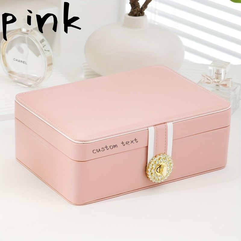 Customizable Text Double-Layer PU Leather Jewelry Box - Large Capacity Earring & Ring Organizer with Decorative Golden Floral Emblem, Elegant White/Blue/Pink Storage Case for Valentine's Day Gifts
