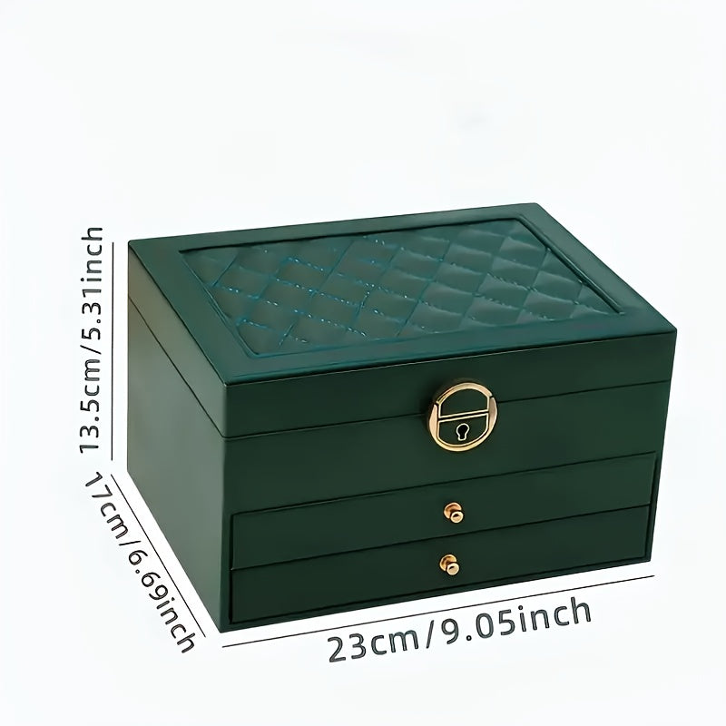Elegant Jewelry Box Organizer - Dark Green Artificial Leather Jewelry case with Golden-Tone latches, 3-Tier Storage, Anti-Tarnish Fabric-Lined Interior - for Necklace, Bracelet, Earring, Ring - Perfect Gift for Women, Birthday, Christmas, Wedding - Home