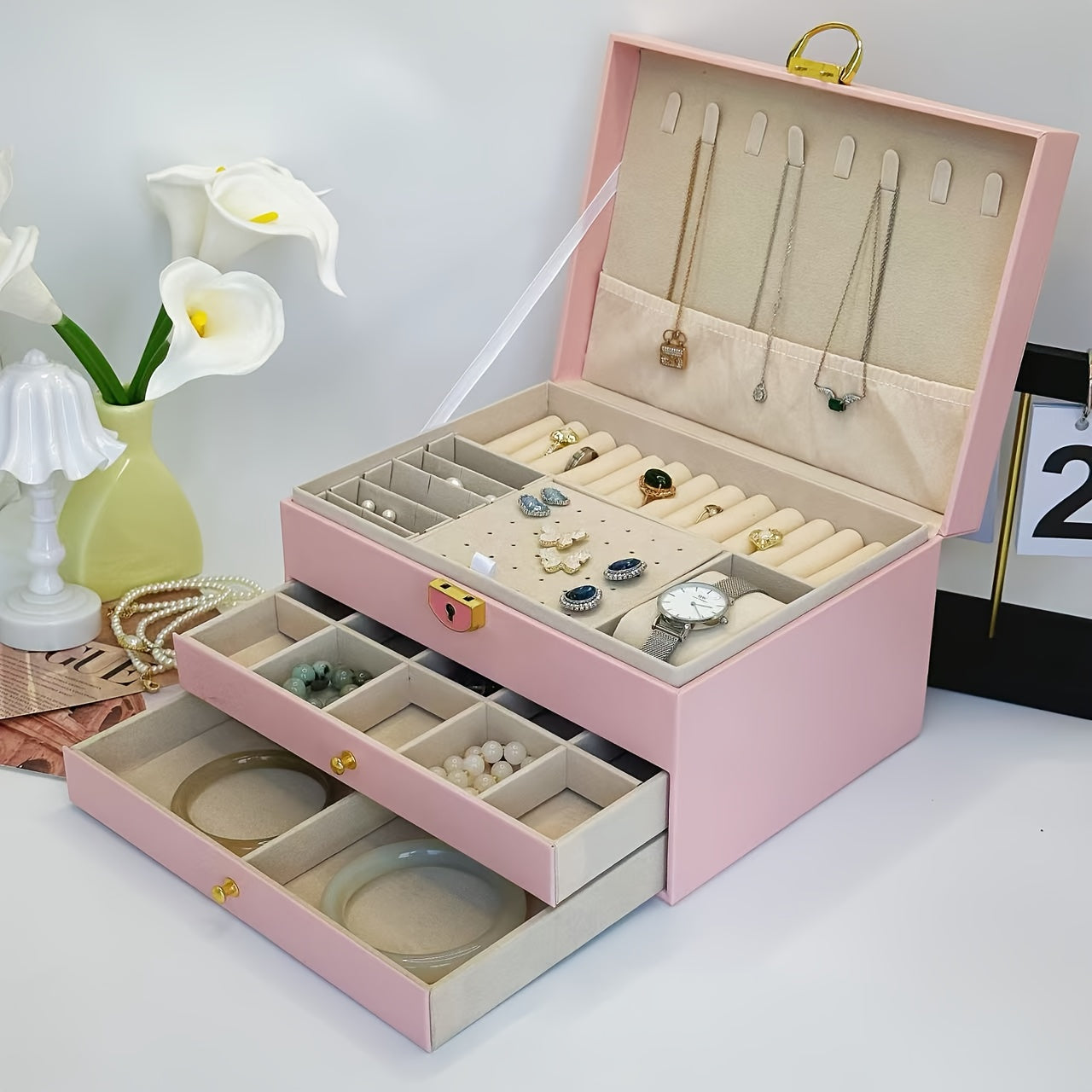 3-Tier Jewelry Organizer Box with Soft Fabric Lining – Pink Synthetic Synthetic Faux Leather Storage for Necklaces, Earrings, Rings, and Bracelets – Multi-Compartment Design for Easy Organization, Jewelry Box, Jewelry Boxes