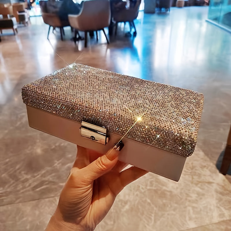 1pc Luxury Jewelry Box with Lock - Large Capacity Jewelry Organizer Case, Elegant White Exterior & Sparkling Rhinestone Interior, Secure Locking Lid for Necklace, Ring, Earrings, Bracelet Storage - Perfect Gift for Women, Birthday, Anniversary,