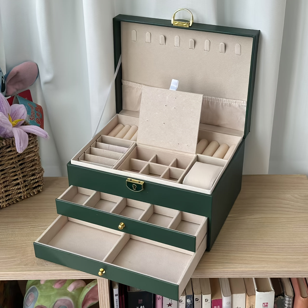 3-Tier Jewelry Organizer Box with Soft Fabric Lining – Pink Synthetic Synthetic Faux Leather Storage for Necklaces, Earrings, Rings, and Bracelets – Multi-Compartment Design for Easy Organization, Jewelry Box, Jewelry Boxes
