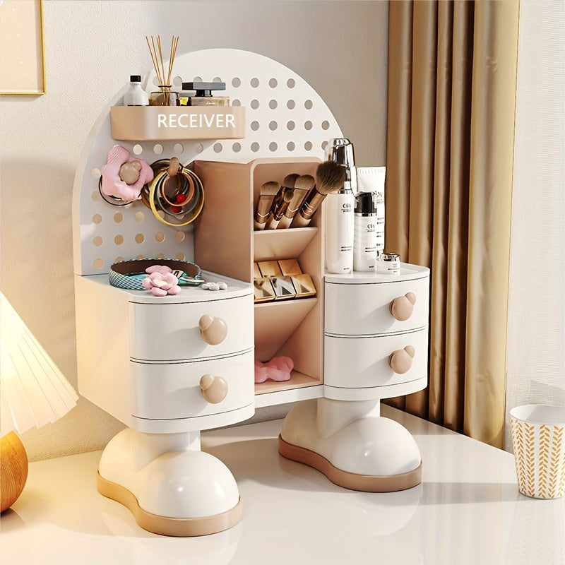 1pc Modern Jewelry & Cosmetic Organizer with Drawer - Multi-Functional Storage Box with Open Shelves, Makeup Vanity Organizer, Desk Organizer for Home, Office, Salon - Light Beige Beauty Station Decoration, Contemporary Design, Sturdy Construction, Home