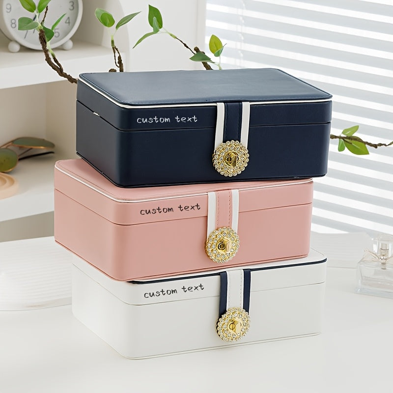Customizable Text Double-Layer PU Leather Jewelry Box - Large Capacity Earring & Ring Organizer with Decorative Golden Floral Emblem, Elegant White/Blue/Pink Storage Case for Valentine's Day Gifts