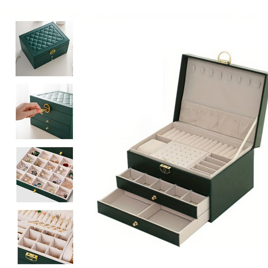 1pc Rectangle Jewelry Box, Multi-Layer, Large Capacity, Zipper Closure, Tabletop, with Practical And Exquisite Design, for Girls, Women, Mom, Friends' Birthday, Valentine'S Day, Jewelry Organizers