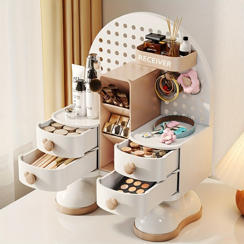 1pc Modern Jewelry & Cosmetic Organizer with Drawer - Multi-Functional Storage Box with Open Shelves, Makeup Vanity Organizer, Desk Organizer for Home, Office, Salon - Light Beige Beauty Station Decoration, Contemporary Design, Sturdy Construction, Home