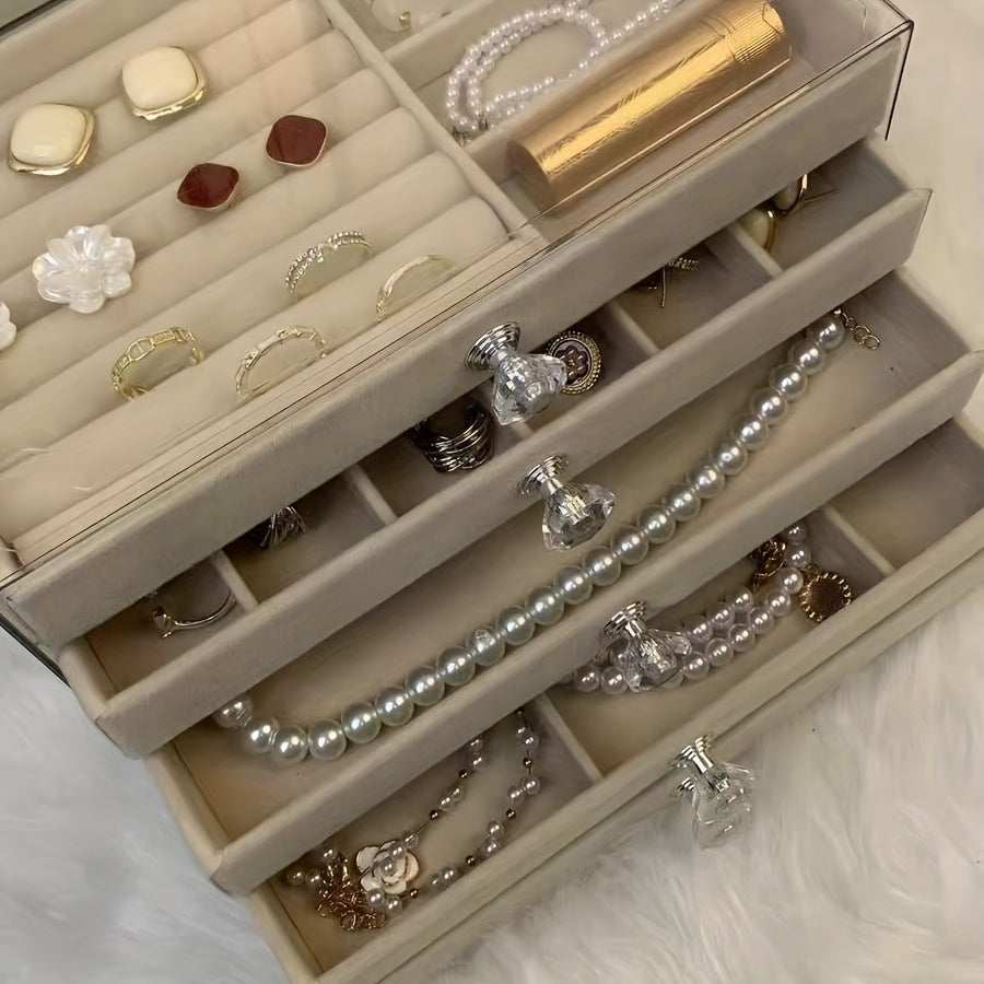 5-Tier Jewelry Organizer Box with Transparent Lid - Elegant Jewelry Storage Case, Soft Velvet-Lined Compartments, for Earrings, Necklaces, Bracelets, Rings - Vanity, Dressing Table, or Gift Box - Modern Minimalist Design, Jewelry Box, Vanity Accessory,