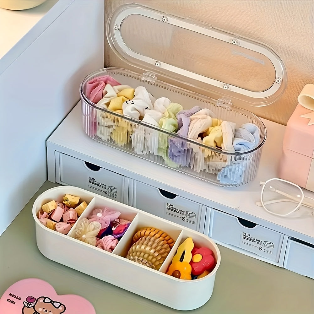 2pcs Glam Style Plastic Storage Boxes with Flip Top Lid, Oval Shape, Multipurpose Organizer for Headbands, Clips, Hair Ties, Jewelry - Space-Saving, Dustproof Solution, Non-Waterproof, Visible Content Design, Accessory Storage | Modern Aesthetic Box |